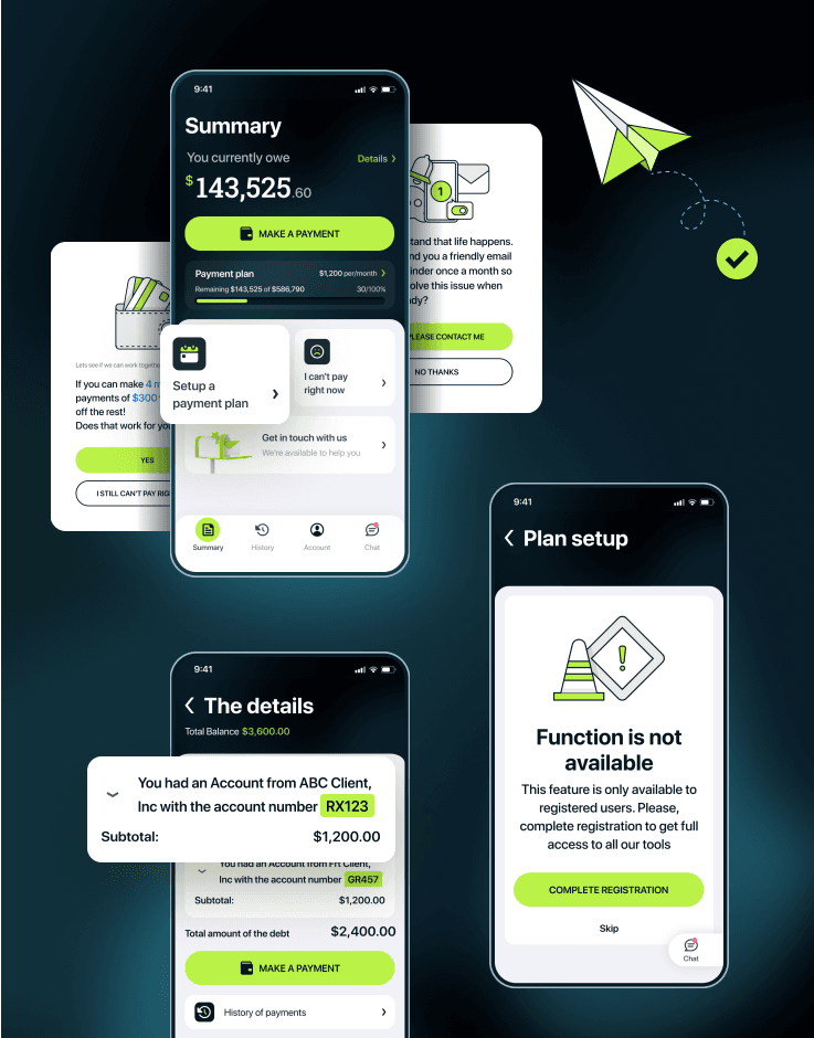 The user clearly sees how much he/she owes and how much has already been paid, sees a payment plan and can modify it. The total balance is broken down to show the details. When additional support is needed, they can always contact the agent to get some help.