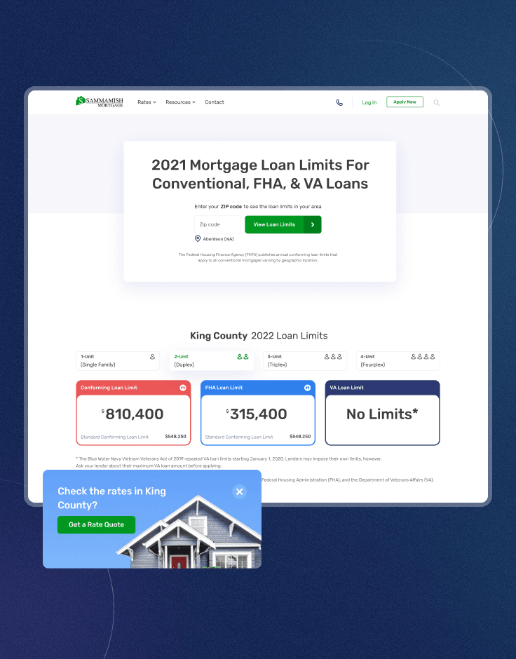 Geo-location based tool that gives users information on Loan Limits in a specific location for different property types. 