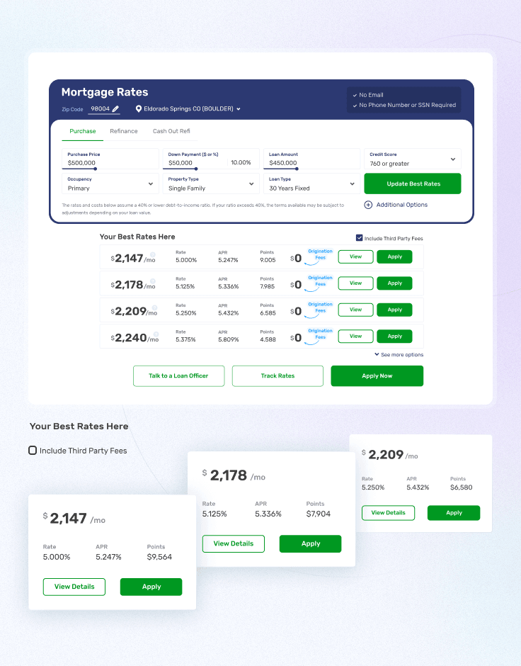 API-driven Instant Rate Quote Tool that assists visitors in their home-buying journey. Also built as a separate tool for internal LO use (with functionality differences).