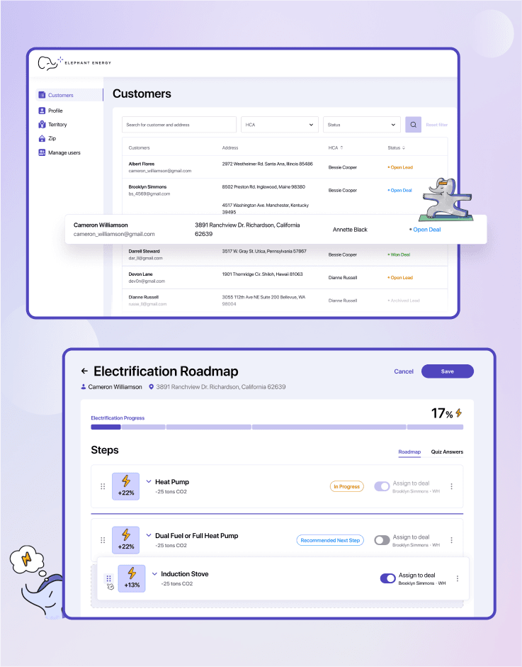 A dashboard for sales managers to effortlessly review their customer list and filter them. They can access the roadmap of any homeowner, change priorities by rearranging steps, assign steps to active CRM deals, and review quiz responses.